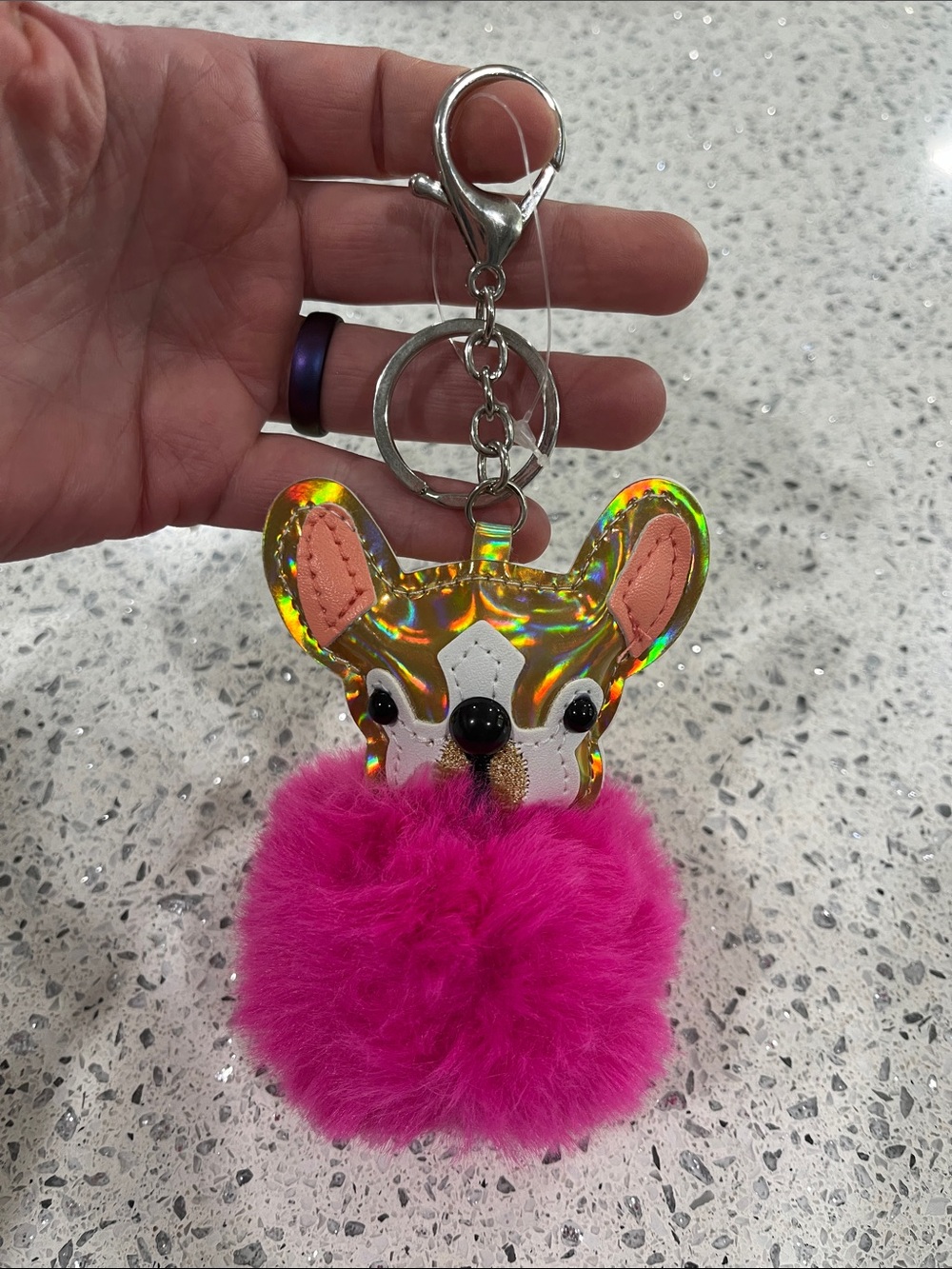 Holographic Dog Pom-Pom Keychain with Hot Pink Fur